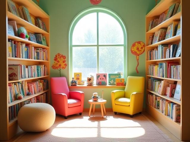 A brightly lit children's book corner in Canopy Chapters, with colorful books, small chairs, and soft rugs.