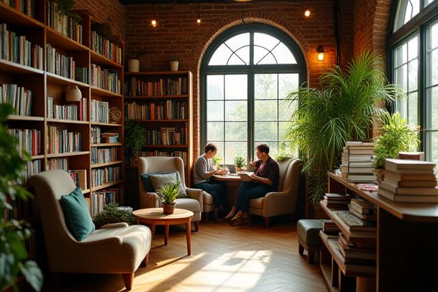 Cozy interior of Canopy Chapters bookstore with natural light, people reading and laughing, showing a community hub atmosphere.