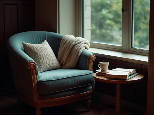 A cozy reading nook by a window in Canopy Chapters, with an armchair, a warm blanket, and a stack of books.
