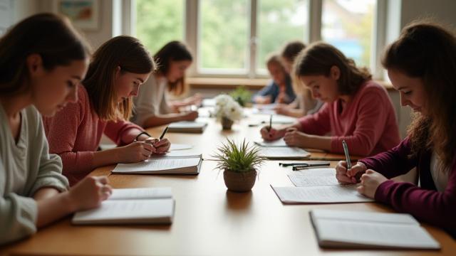 Creative Writing Workshop participants intently writing at desks