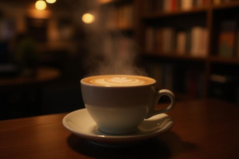 Close-up of a steaming latte art in a cozy bookstore coffee shop setting.