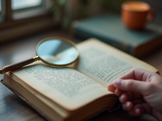 Close-up of a hand gently holding an antique book with a magnifying glass nearby.